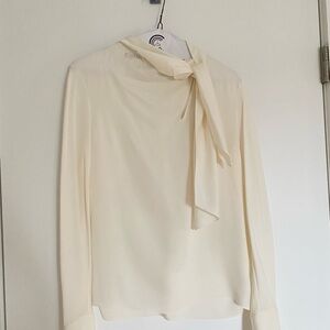 Theory Like New Elegant Cream Blouse with Twist Scarf Detail Size P